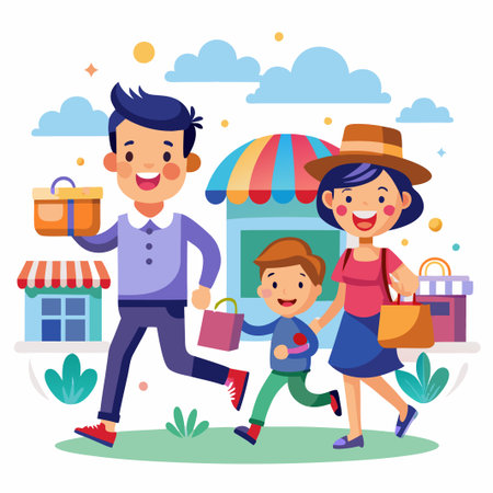 Happy family walking out of a shop after shopping.のイラスト素材