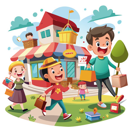 Happy cartoon children shopping at a store with colorful bags.のイラスト素材