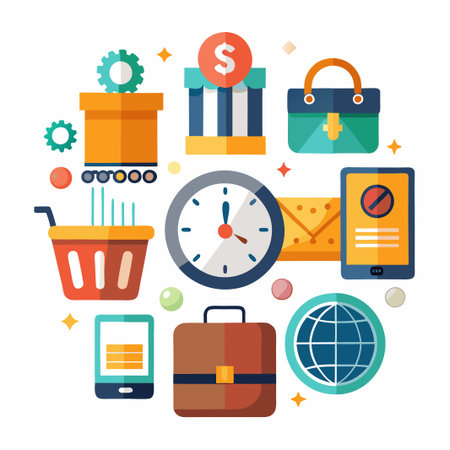 Online Shopping with Worldwide Delivery, Flat Design.のイラスト素材