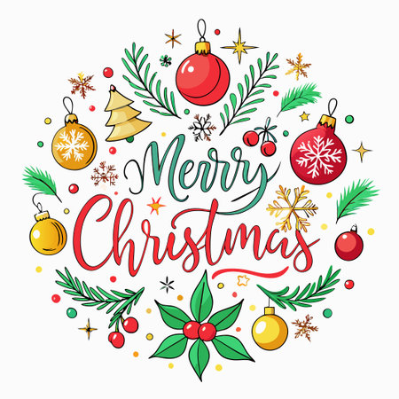 Festive Christmas greeting with ornaments, snowflakes and pine branches.のイラスト素材