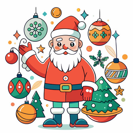 Cheerful Santa Claus holding a Christmas tree and ornaments.のイラスト素材