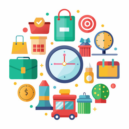 Colorful icons circle with clock, gift, briefcase, shopping bag, money, and calendar.のイラスト素材