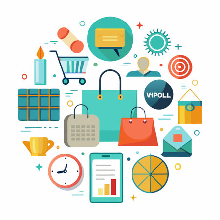 Colorful flat design icons related to online shopping, business, and finance.のイラスト素材