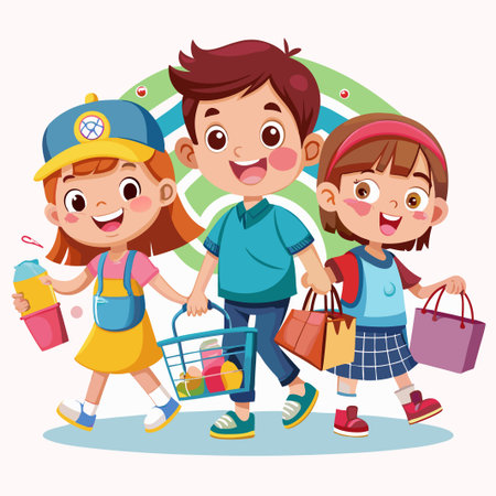 Three happy kids walking together holding shopping bags and a basket.のイラスト素材