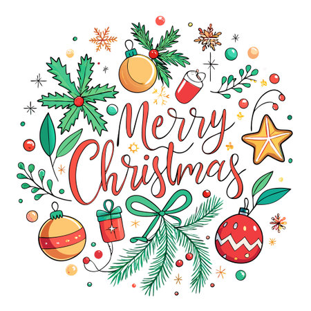Merry Christmas greeting with ornaments, holly and pine branches.のイラスト素材