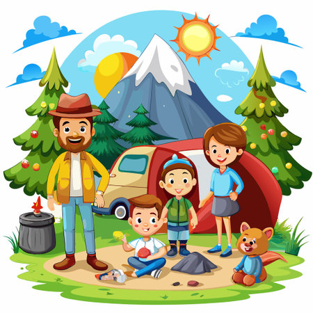 Happy family camping in the mountains, surrounded by trees and a camper.のイラスト素材