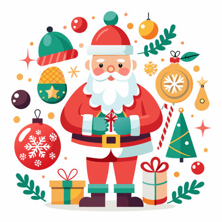 Santa Claus with presents and Christmas decorations around him.のイラスト素材