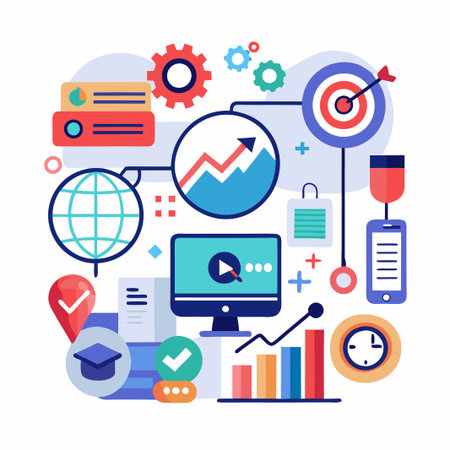 Business Growth Illustration with Target, Globe, Graphs, and Clock.のイラスト素材