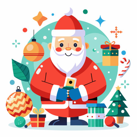 Smiling Santa Claus holding a present with Christmas decorations around him.のイラスト素材