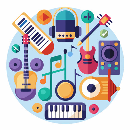 Colorful musical instruments in a circle on a light blue background.のイラスト素材