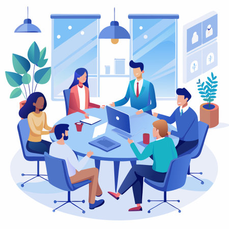 Diverse team members have a meeting around a round table with a laptop, documents, and coffee cups.のイラスト素材