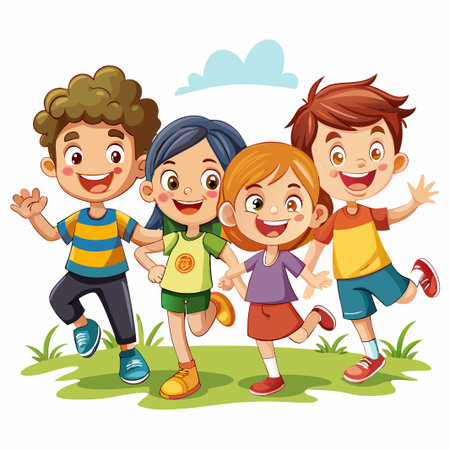 Four happy cartoon children smiling and running together.のイラスト素材