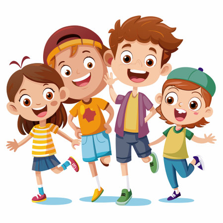 Four happy cartoon kids jumping and smiling.のイラスト素材