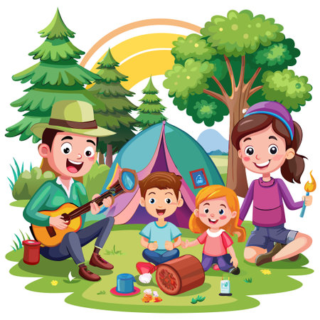 Happy family camping in the woods. A father plays guitar while his wife, son, and daughter enjoy the outdoors.のイラスト素材
