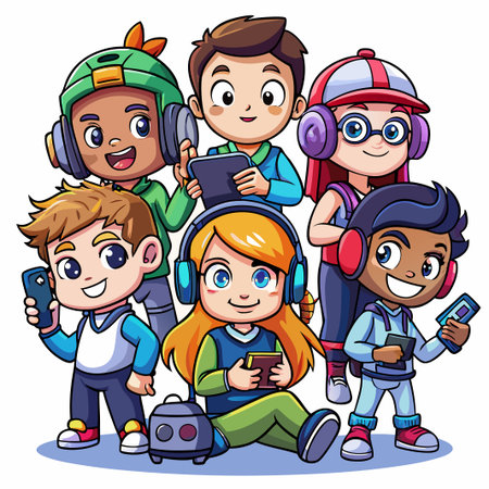 Group of happy cartoon kids with headphones and devices.のイラスト素材