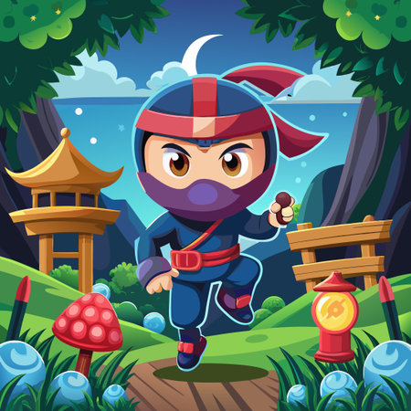 Cartoon ninja in forest with crescent moon and a pagoda.のイラスト素材