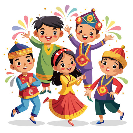 Four smiling children in colorful traditional clothing stand in front of a white background with confetti.のイラスト素材