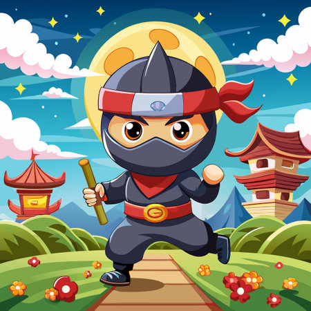 Cartoon Ninja Running at Night Under a Full Moon.のイラスト素材