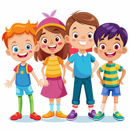Four happy children standing together smiling with different colored clothes and shoes.のイラスト素材