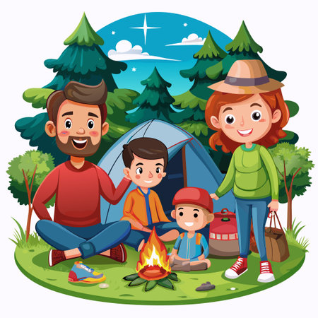 Happy family camping in the forest, enjoying a campfire together.のイラスト素材