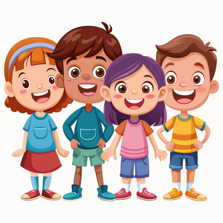 Four happy kids smiling standing together in casual outfits.のイラスト素材