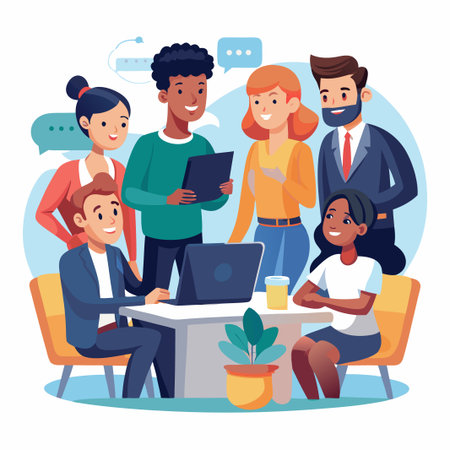 Diverse group of people working together on a laptop in a modern office.