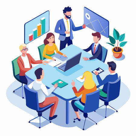 Business meeting with 6 people around a table looking at a presentation on a screen.のイラスト素材