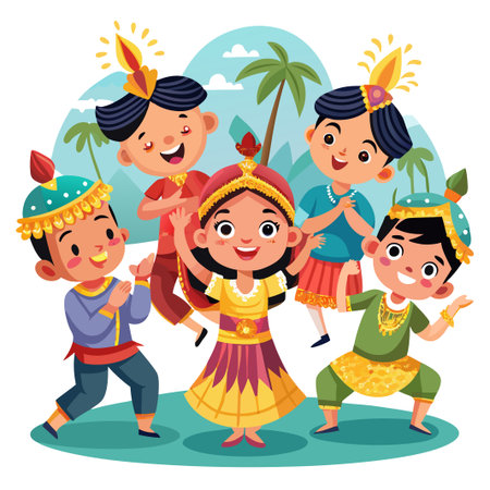 Happy children in traditional Indian clothing with a palm tree in the background.のイラスト素材