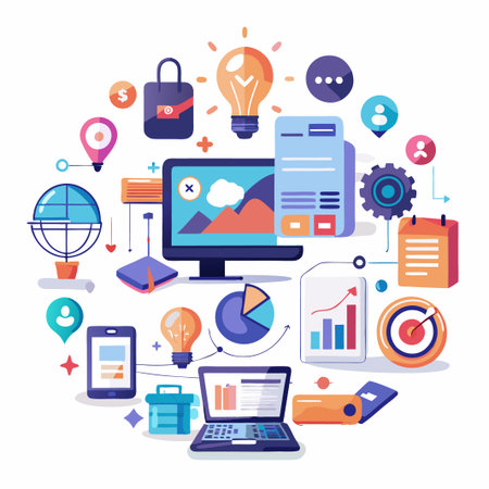 Colorful infographic with various business and technology icons.のイラスト素材