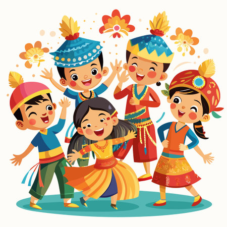 Five happy children in traditional Indian clothes are smiling and dancing with flowers around them.のイラスト素材
