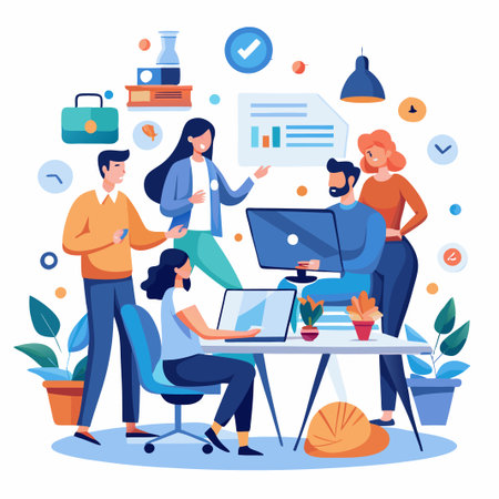 Business team working together at a desk in an office.のイラスト素材