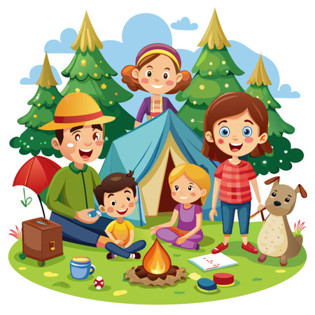 Family camping with campfire and a dog under the forest.のイラスト素材