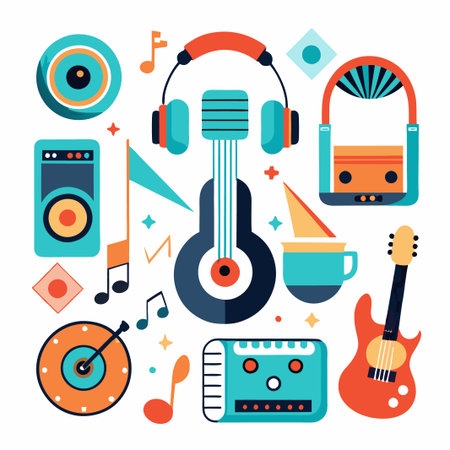 Colorful illustration of music and sound icons, with a guitar, headphones, speakers, turntable, and a radio.のイラスト素材