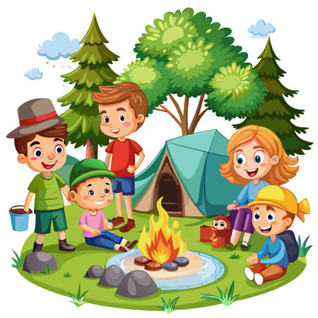 Happy children camping around a campfire with a tent in the background.のイラスト素材