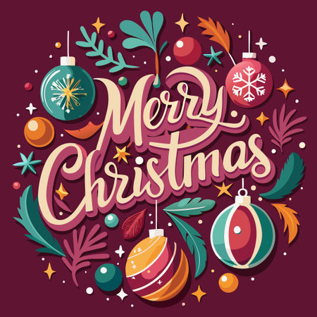 Merry Christmas greeting with ornaments and festive elements.のイラスト素材
