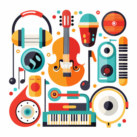 Colorful music instruments and headphones  collection with white background.のイラスト素材