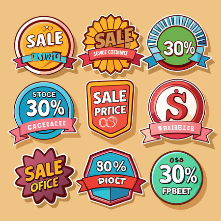 Set of nine colorful sale badges with different discount offers and ribbons.