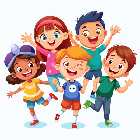 Four happy kids smiling and jumping.のイラスト素材