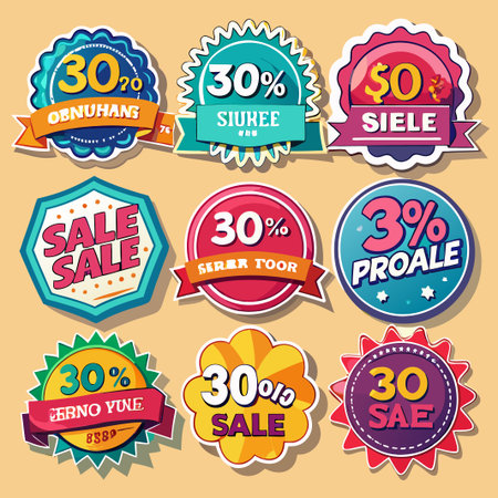 Nine colorful discount stickers with various shapes and sizes.