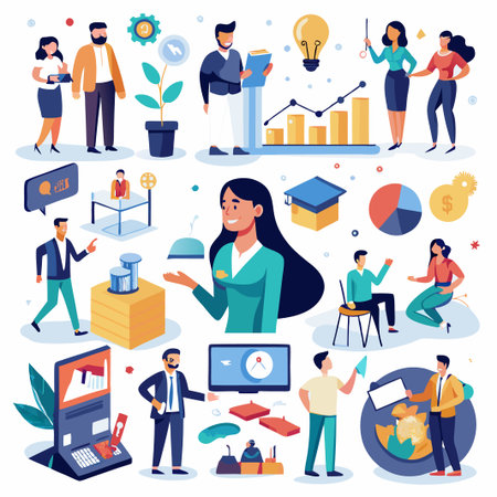 Illustration of various business people and icons for a modern business presentation.