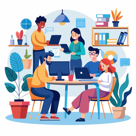 Diverse team of coworkers working together in a modern office.のイラスト素材