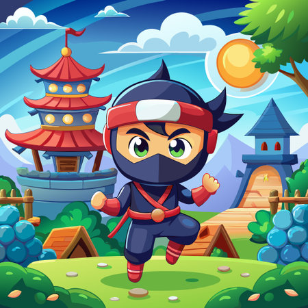 Cartoon Ninja in a Japanese Landscape.のイラスト素材