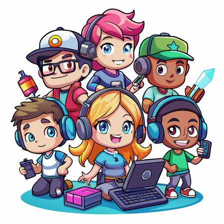 Diverse group of cartoon children wearing headphones, using technology and gadgets, looking at the...
