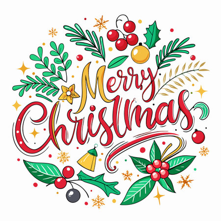 Merry Christmas hand lettering surrounded by holly, berries and snowflakes.のイラスト素材