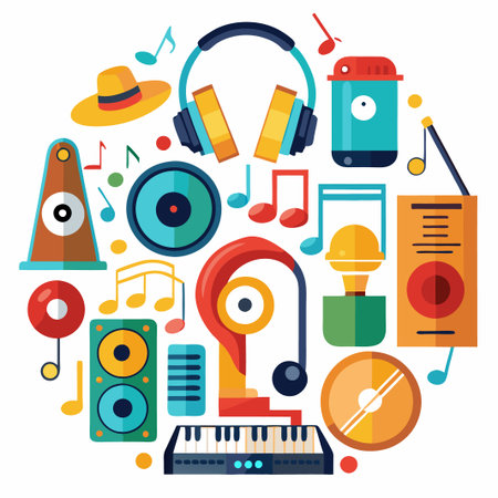 Colorful musical instruments in circle composition.のイラスト素材