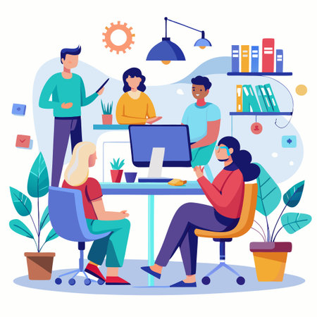 Four people are working in an office. Two are sitting at their desks while the other two are standing. There is a plant in the corner of the room.のイラスト素材