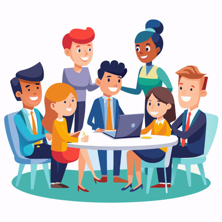 Six diverse business people sit at a table looking at a laptop.のイラスト素材