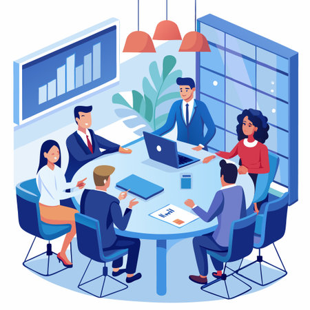 Business team collaborating around a table in a modern office.のイラスト素材