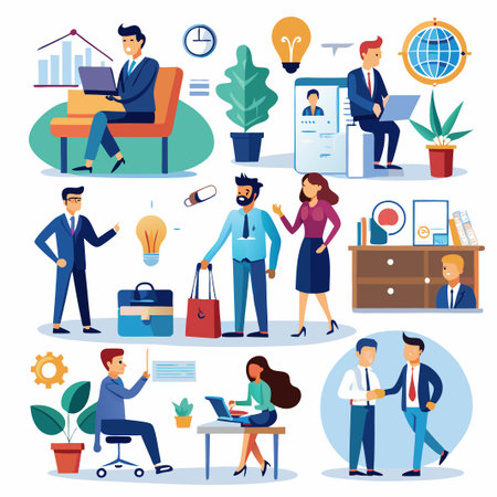 Illustration of business people working and interacting in an office environment.のイラスト素材