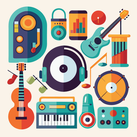 Colorful flat icons of musical instruments.のイラスト素材